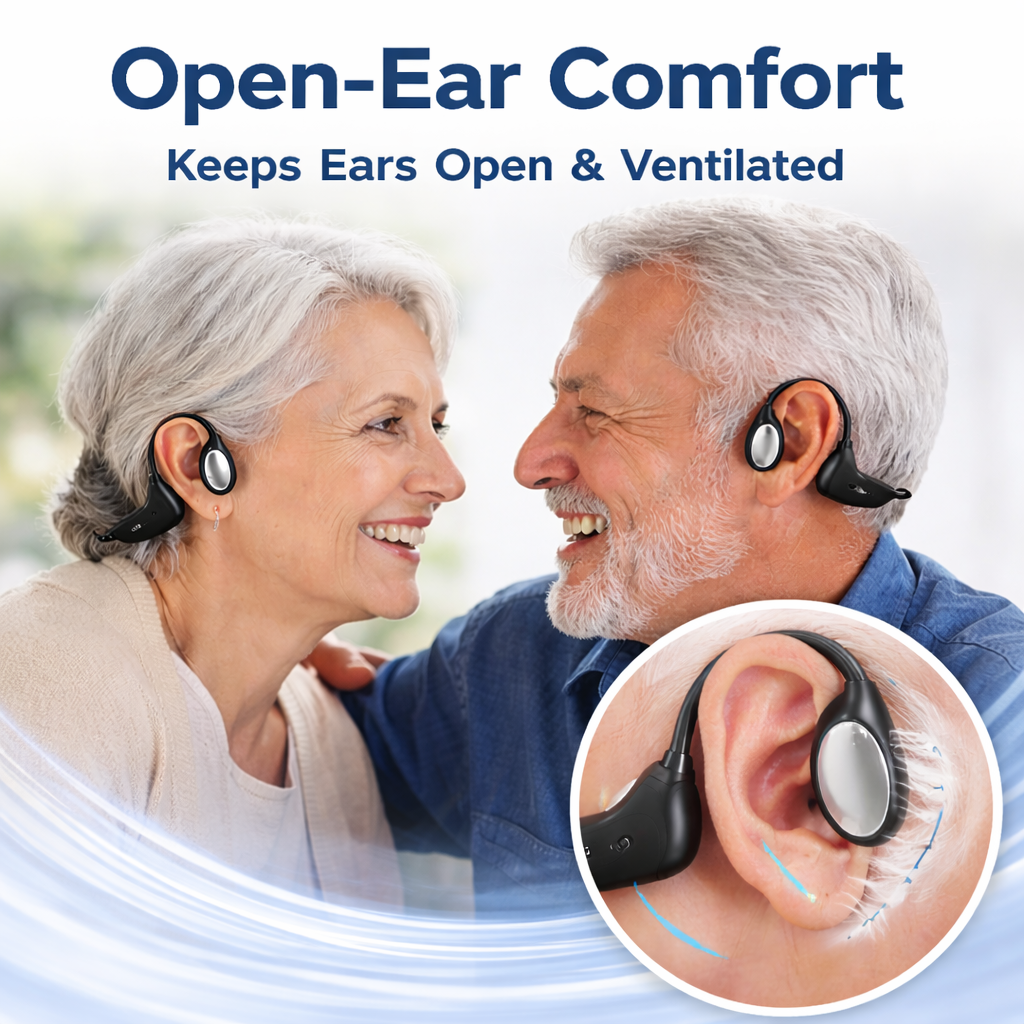 Older couple wearing open-ear hearing support devices